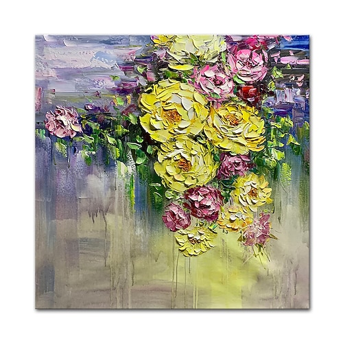 Hang-Ölgemälde Handgemalte Quadratisch Stillleben Blumenmuster / Botanisch Modern Fügen Innenrahmen Image