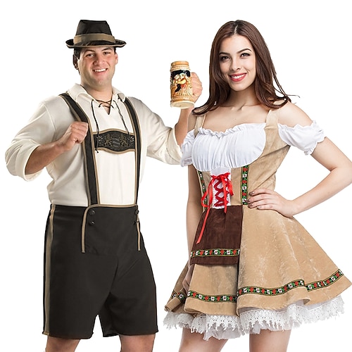 Paare Oktoberfest Bierfest Kostüm Dirndl Kleid Lederhosen Bayerisches Paar Oktoberfest Paar Deutsch München Wiesn Herren Damen Trachtenstil Stoffoberteil Kleid Shorts Halloween Karneval Image