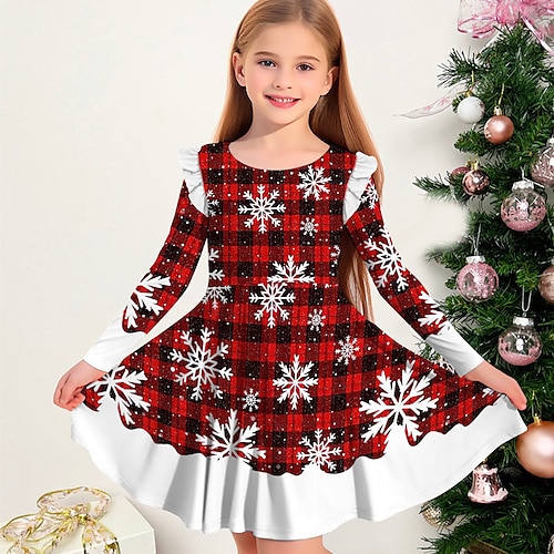 Mädchen' 3D Plaid Schneeflocke Schneeflockenkleid Rüschenkleid Langarm 3D-Druck Herbst Winter Urlaub Sport Natur Täglich Kuschelig Brautkleider schlicht Schön kinderkleidung 3-12 Jahre Casual kleid Image