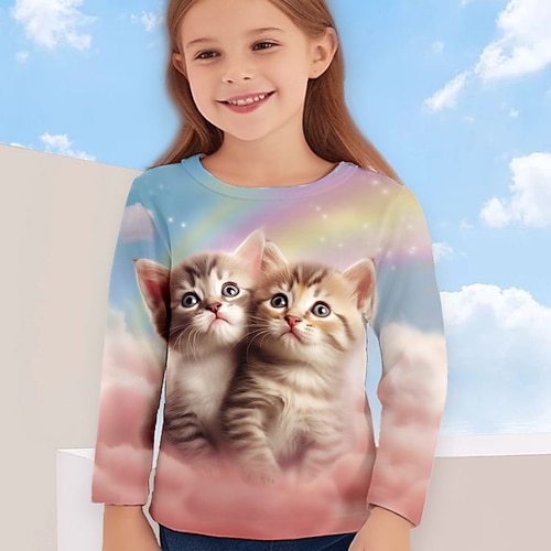 Mädchen 3D Karikatur Katze Wolke T-Shirt Langarm 3D-Druck Sommer Frühling Herbst Aktiv Modisch Kuschelig kinderkleidung 3-12 Jahre Outdoor Casual Täglich Regular Fit Image