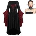 Set mit Fledermauskleid, Federkragen, Spitzenhalskette, 2-teiliges Outfit, Retro-Vintage-Punk, Gothic, Steampunk, mittelalterliches Kleid, bösartige Hexen, Damen-Cosplay-Kostüm, Halloween, Party, Club