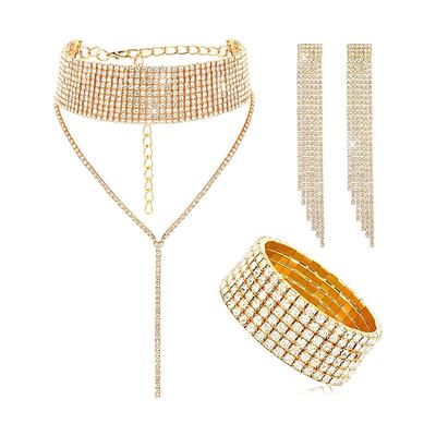 Bride's Full Diamond Claw Chain Tassel Bracelet Earrings Neckchain Three piece Set Jewely Sets