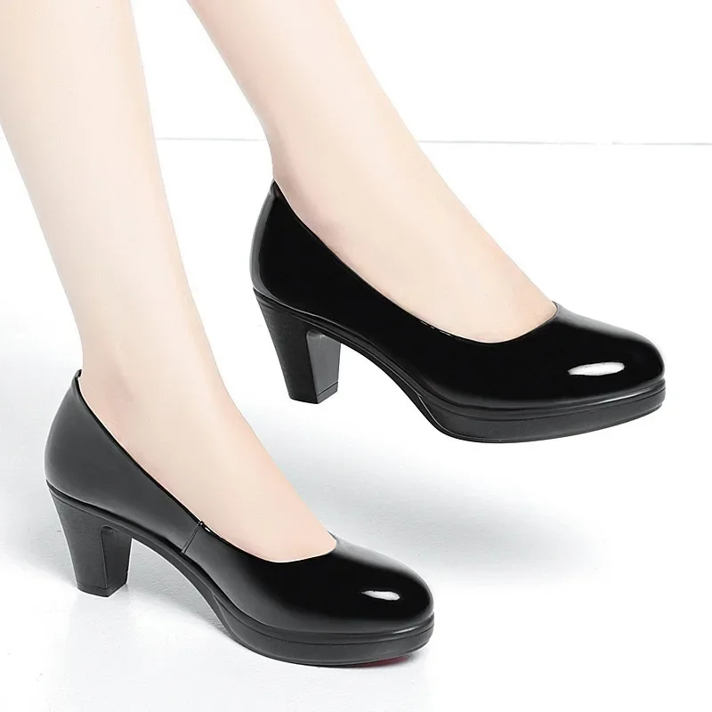 6cm 8cm Plus Size 34-42 Elegant Patent Leather Shoes Women's Platform Pumps 2025 Spring Shallow Med Block Heels Shoes Office Mom