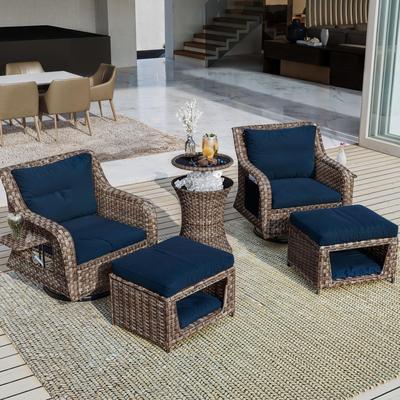 5-Pcs Patio Furniture Set Outdoor Rattan Wicker Swivel Rocker Chairs Set w/Ottomans, Pet House Cool Bar & Retractable Side Tray