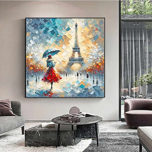 Original verregnete Pariser Eleganz handgemaltes pastoses Ölgemälde lebendige Eiffelturm Straßenszene Wandkunst ungerahmtes Leinwandgemälde Image