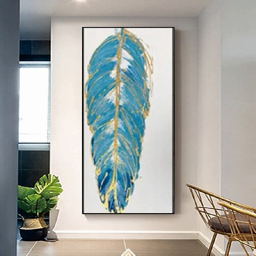 abstraktes Federölgemälde auf Leinwand, handgemalt, modernes Federölgemälde, handgemalt, grüne Feder, blaues Federgemälde, großes Wandkunstgemälde für die Inneneinrichtung Image