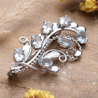 Heaven Bouquet,'Floral Faceted Seven-Carat Oval Blue Topaz Brooch Pin'