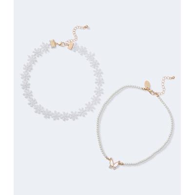 Aeropostale Womens' Floral & Butterfly Choker Necklace 2-Pack - Gold - Size One Size - Metal