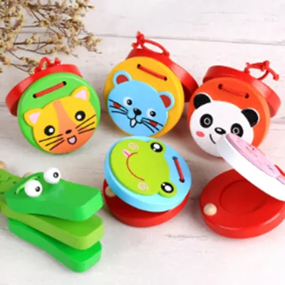 Kids Cartoon Wooden Castanets Music Instruments Baby Clapper Handle Musical Instruments Toys