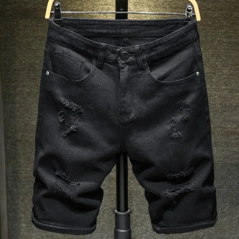 2024 nuovi uomini di estate moda casual pantaloncini di jeans dritti semplice strappato streetwear pantaloncini di jeans slim fit maschio nero bianco
