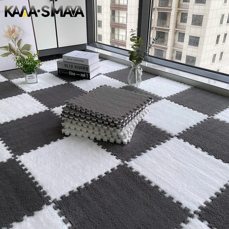 30 x 30 cm Plüsch-Puzzle-Schaum-Bodenmatte, kreativer modischer Teppich, quadratischer ineinandergreifender Teppich, flauschige Teppiche Image