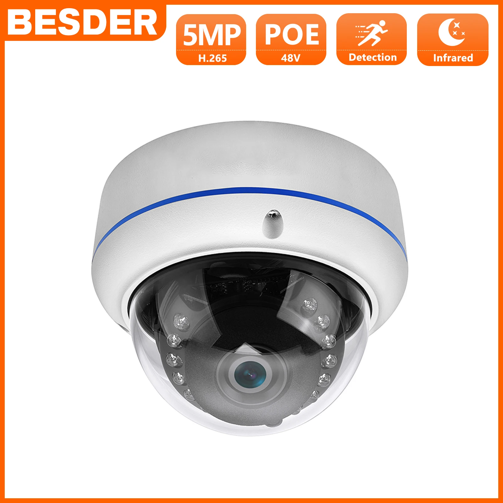 BESDER H.265 5MP 2592*1944 IP Kamera Vandalensichere Überwachung Video Dome Kamera CCTV H.265 5MP 3MP 2MP IP Kamera DC 12V 48V PoE Image
