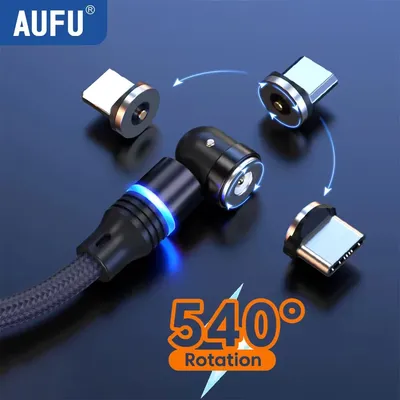 AUFU Magnetic USB Cable For iPhone Xiaomi Samsung Type C Cable LED USB Charging Data Charge 540 Rotate Micro USB Cable Cord Wire