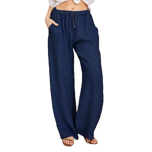 Damen Hose aus Baumwollleinen Hosen Hose Alltagstauglich Lang Einfach Kordelzug Seitentaschen Atmungsaktivität Bequem Unelastisch Wochenende Weiß Marinenblau Khaki Grau Sommer Normale Passform
