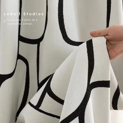 French Abstract Curve Striped Chenille Black and White Jacquard Blackout Curtains for Living Dining Room Bedroom Fabric Custom