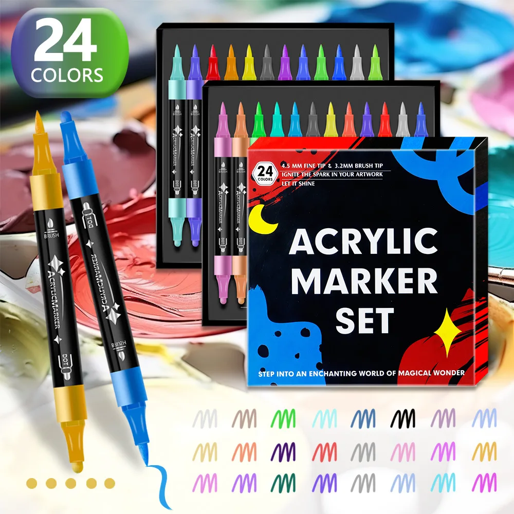 Stylos marqueurs de peinture acrylique à double pointe, 24/12 couleurs, pour peinture sur roche, bois, toile, plastique, métal, pour bricolage, artisanat, fournitures d'art