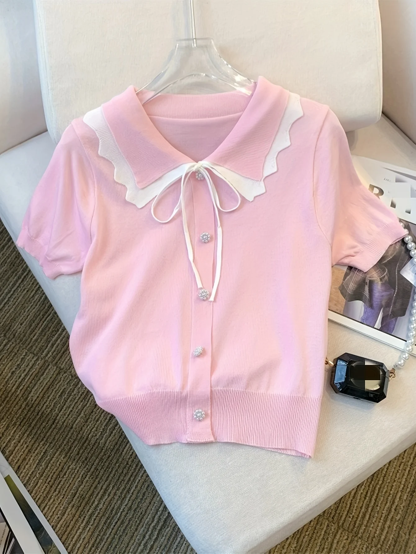 Elegant Short Sleeve Sweater with Lace Up Contrast Trim - Women's Clothing