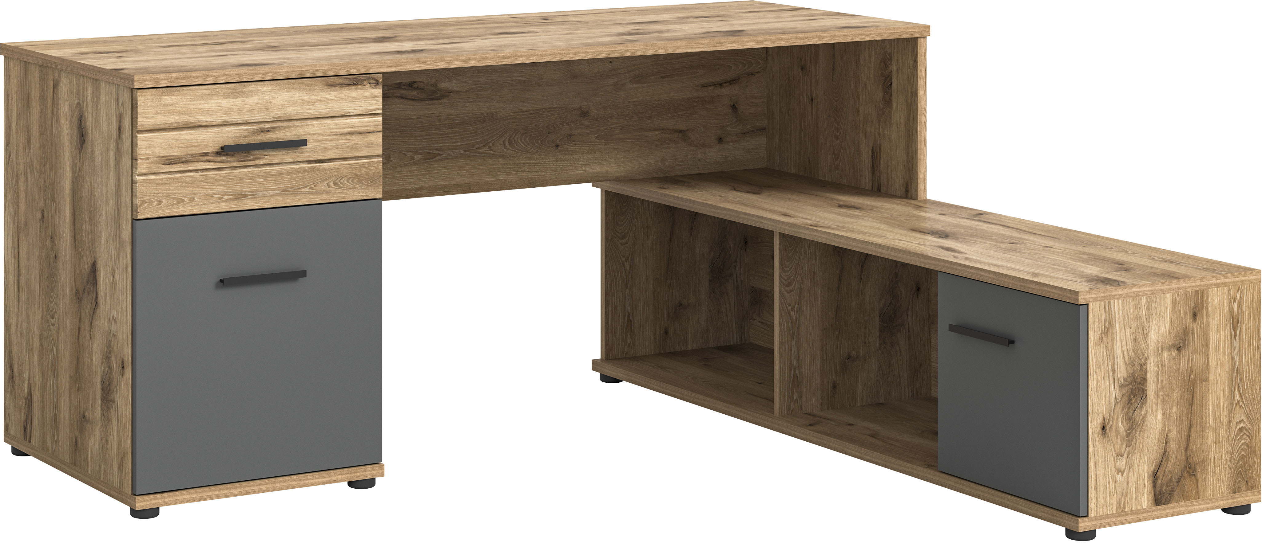 Eckschreibtisch INOSIGN "Riga, Breite 170cm, in Nox Oak Nachbildung und Basalt grau", grau (nox oak nachbildung), B:170cm, Tische, Bürotisch, Schreibtisch, Ecktisch, Arbeitszimmer, Computertisch