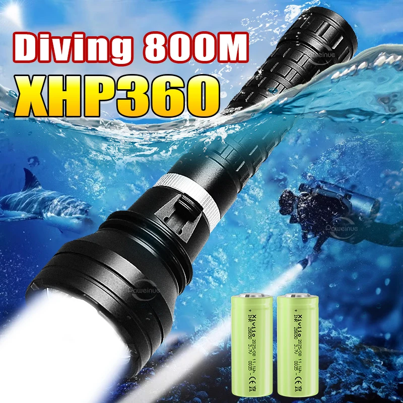 10000LM Potente torcia subacquea XHP360 IPX8 Lampada subacquea Torcia subacquea professionale Torcia subacquea 1000M Torce LED ad alta potenza