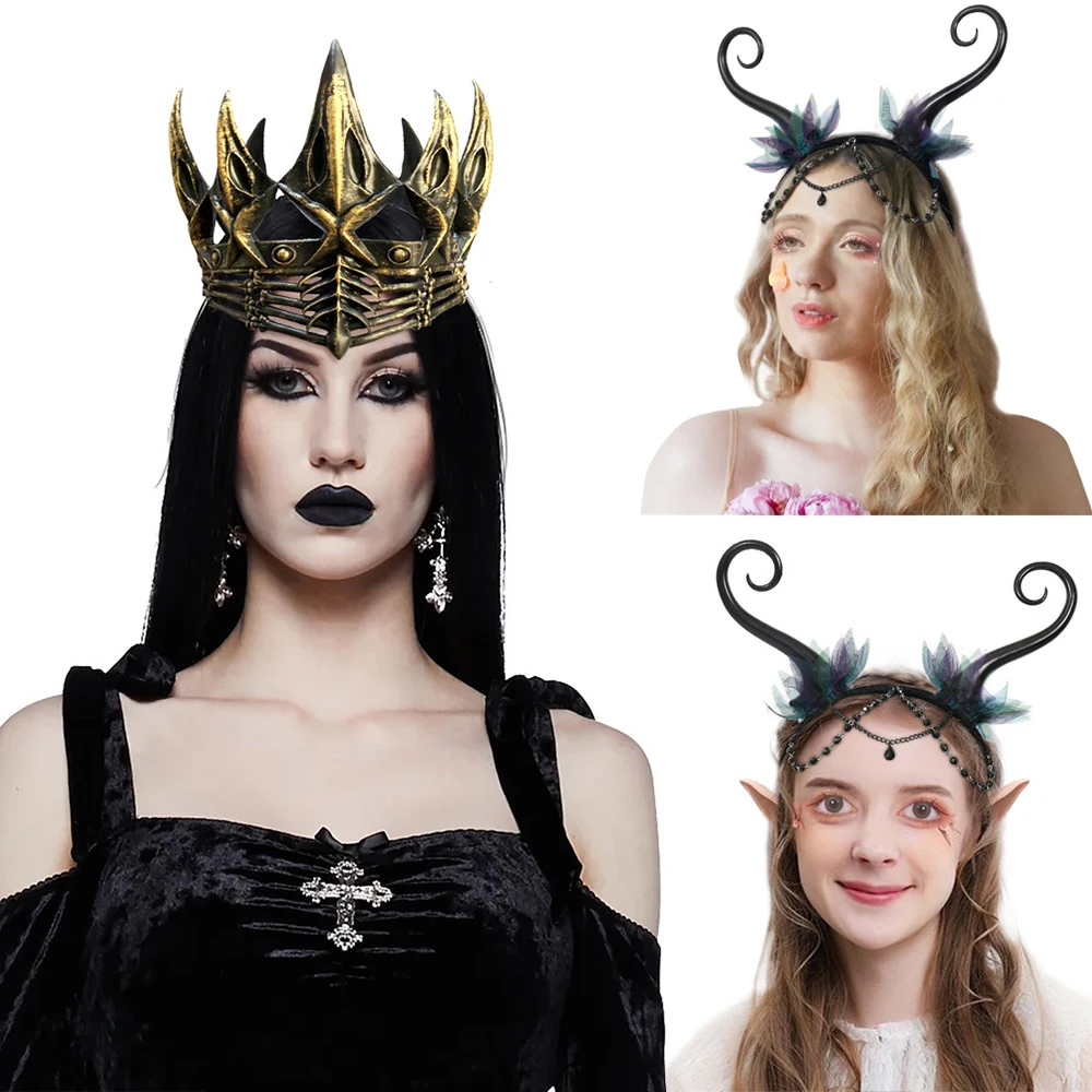 Männer Frauen Krähe Krone Cosplay König Königin Halloween Party Kostüme Zubehör Blume Fee Stirnband Anime rote Kuh Kopf bedeckung Image