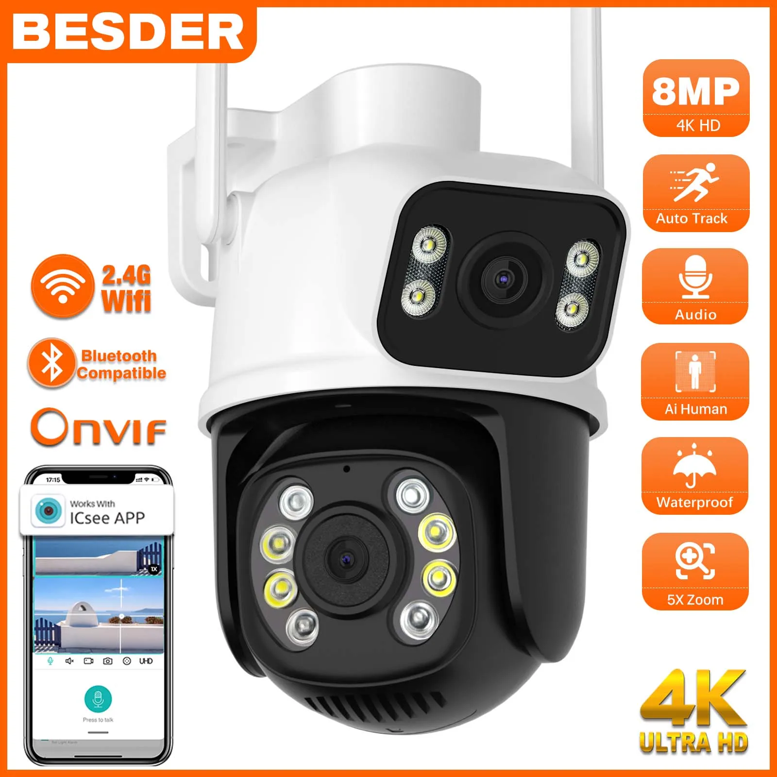 8mp ptz wifi kamera dual objektiv mit zwei bildschirmen 3,6mm 6mm erkennen drahtlose außenüberwachung cctv 4k kamera icsee app Image