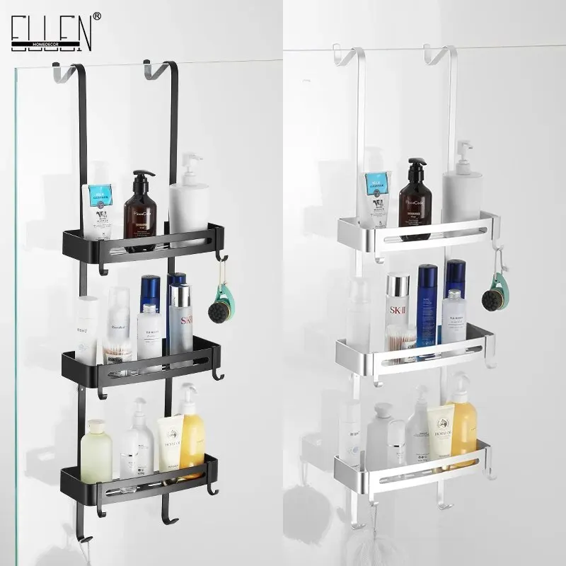 Étagères de bain suspendues noires, organisateur d'étagère de salle de bain, porte-shampooing sans clous, étagère de rangement, support de panier de salle de bain EL5018