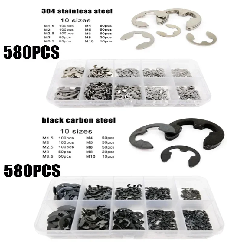580 teile/satz Sortiment Kit 10 Größen 1,5-10mm schwarz oder Edelstahl welle externer Sicherungs ring e Clip Snap Circlip Unter leg scheibe Image