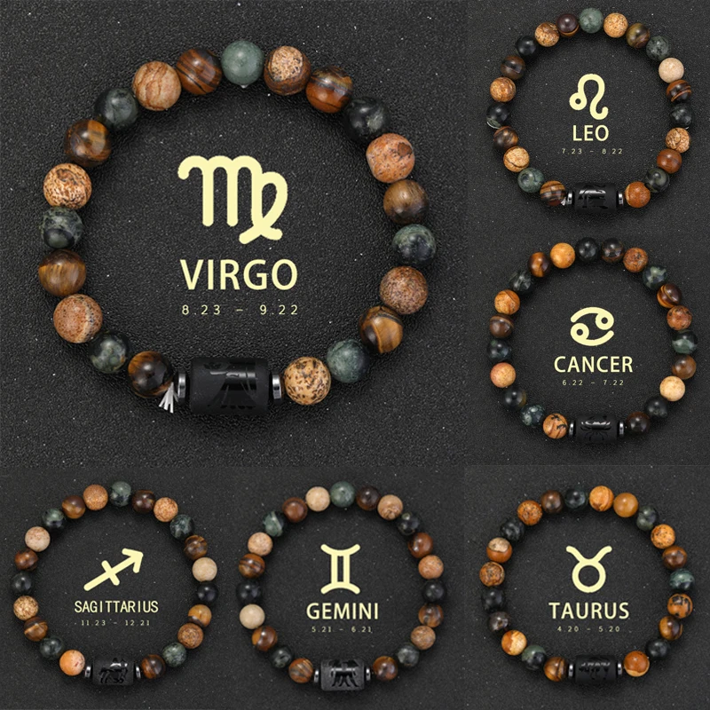 12 Sternzeichen-Armbänder aus Naturstein, Krebs, Jungfrau, Löwe, Waage, Armband für Paare, Freundschaftsgeschenke, Armbänder, Schmuck, Pulsera Homme Image