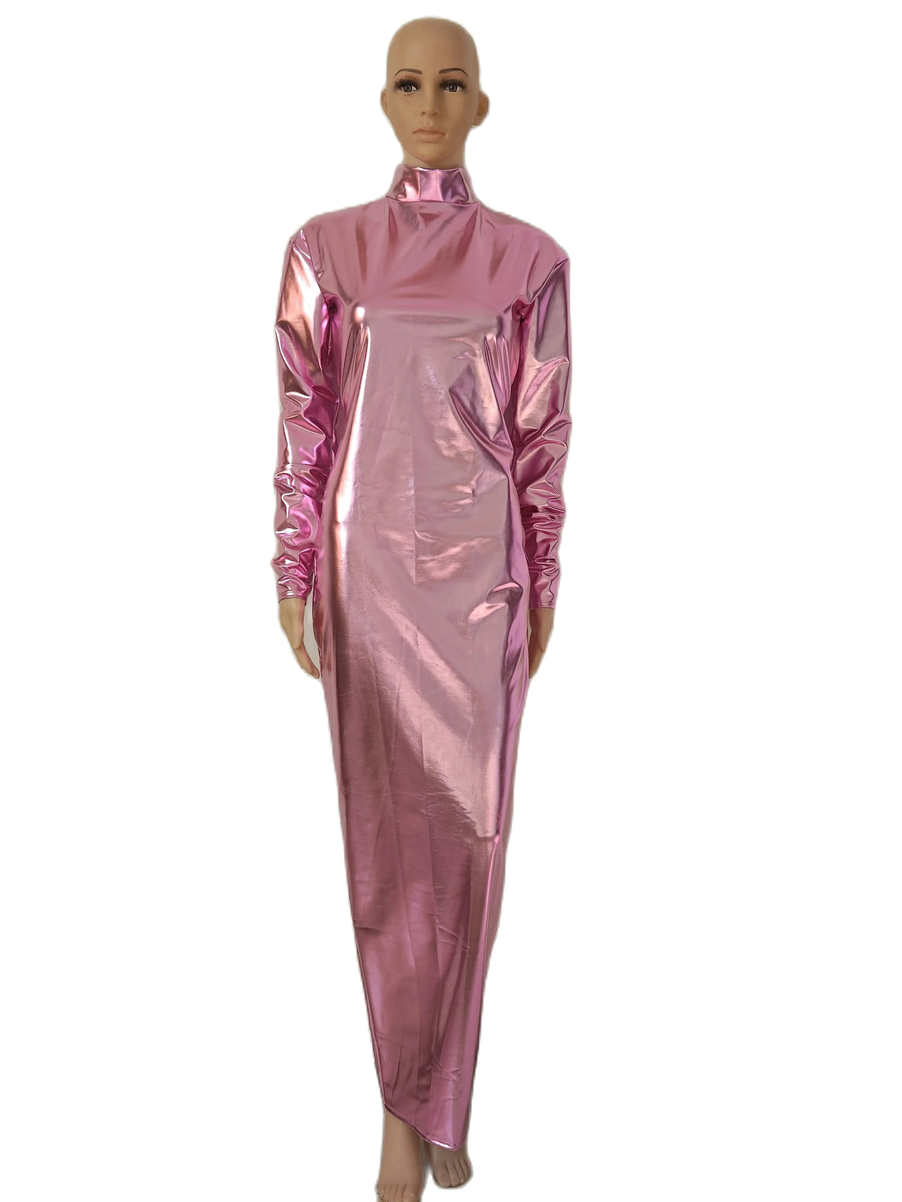 Neues Design Sexy Mädchen rosa glänzendes metallisches Wickelkleid Party Body Bags Rock Damen lange Kleider Röcke mit Reißverschluss am Saum