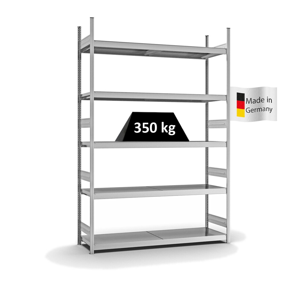 PROREGAL Weitspannregal Stecksystem T-Profil | HxBxT 300x200x50cm | 5 Ebenen | Stahlplatten-Fachboden | Fachlast 350kg | Verzinkt | Lagerregal Image