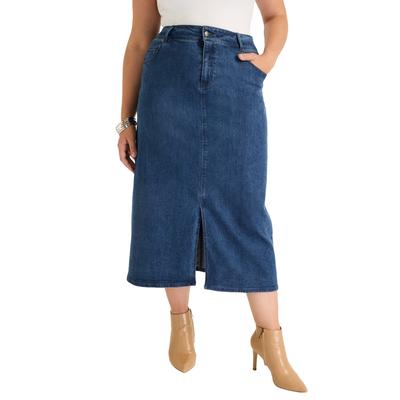 Plus Size Women's Front-Slit Denim Midi Skirt by June+Vie in Medium Blue (Size 32 W)