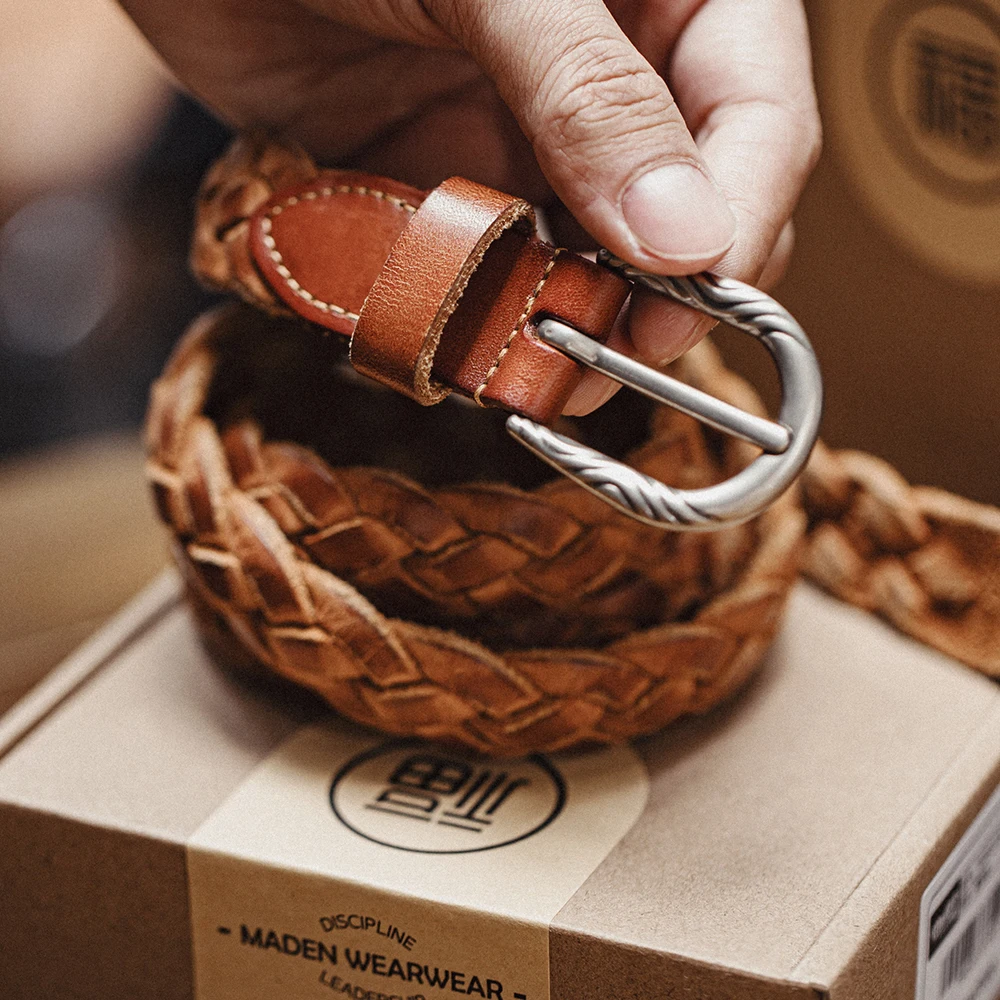 Maden Vintage gewebte pflanzlich gegerbte Rindsleder Gürtel Accessoires mit zweilagigem Rindsleder für Herren vielseitigen braunen Gürtel Image