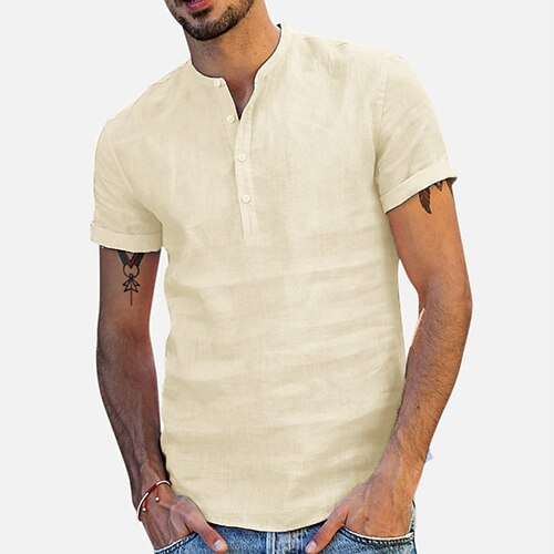 Herren Wander-T-Shirt Wanderhemd Henley-Shirt V Ausschnitt Oberteil Außen Schnelltrocknend Leicht Bequem Atmungsaktiv Sommer Frühling Baumwolle und Leinen Hellblau Schwarz Weiß Angeln Klettern Strand Image