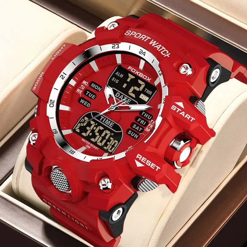 Neue männer uhr dual zeit led digital uhr für männer wasserdicht chronograph quarz rot militär sport elektronische armbanduhr Image