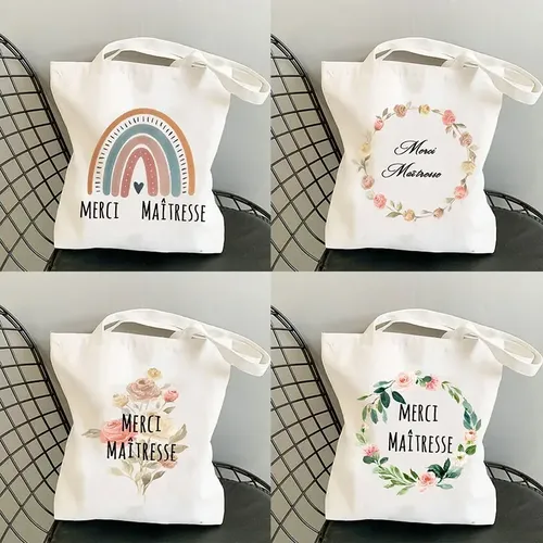 Merci Teacher French Print Women Canvas Shopping Bag Women's Shoulder Bags Pattern Harajuku Shopping Girl Handbag Teacher's Gift