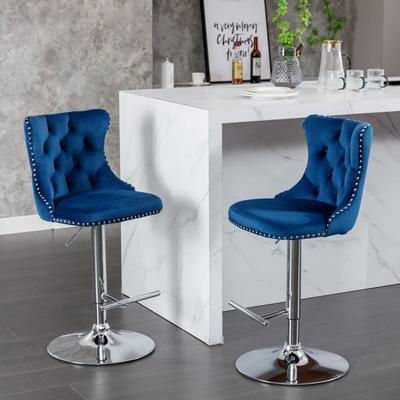 Modern Adjustable Bar Stools (Set of 4),Velvet, Metal Base,Blue