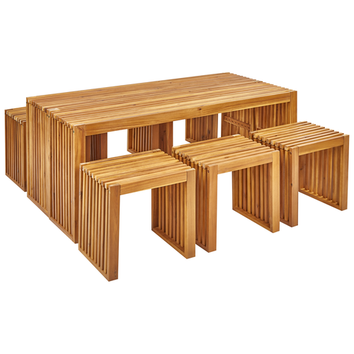 Gartenmöbel Set Hellbraun Akazienholz 6-Sitzer 8-Teilig Rustikal Modern 2 Tische mit 6 Hockern Outdoor Terrasse Garten Ausstattung Holzmöbel