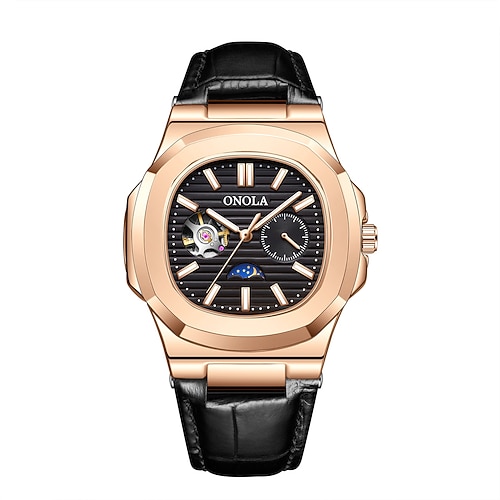Onola Herren mechanische Uhr Fashion Business Armbanduhr Automatik Automatikaufzug Mondphase leuchtend wasserdicht Lederuhr Image