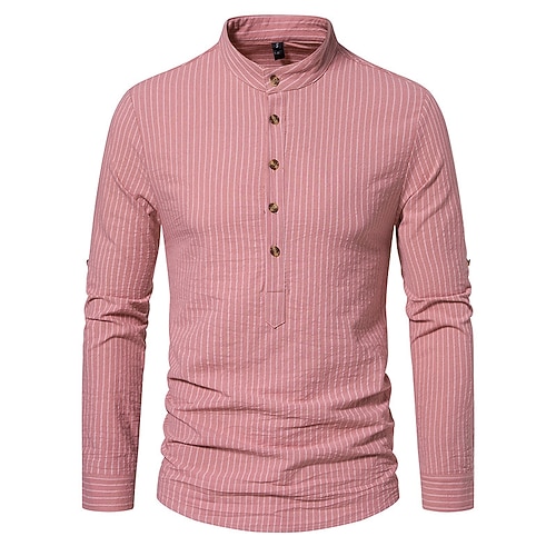 Herren Hemd Hemd mit chinesischem Kragen Hemd mit Stehkragen Popover-Shirt Lässiges Hemd Baumwoll-Shirt Gestreift Urlaub Hawaiianisch Schwarz Weiß Rosa Purpur Langarm Stehkragen Frühling Herbst Image