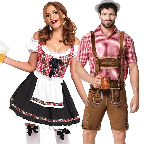 couples oktoberfest beer costume dirndl dress trachtenkleider lederhosen maid oktoberfest couple german munich wiesn carnival men's women's traditional style cloth Image