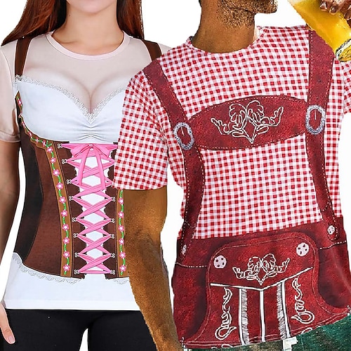 Pärchen Oktoberfest Bier Kostüm T-Shirt Oktoberfest Bier Oktoberfest Pärchen Sexy 3D Grafik Lustiges Wiesn Herren Damen Trachten T-Shirt Halloween Karneval Image