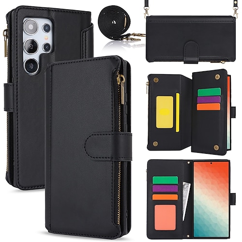 Handy Hülle Handyhüllen Für Samsung Galaxy S24 S23 S22 Plus Ultra S23 FE A55 5G A35 5G A25 A15 A14 A54 Brieftaschenhülle Magnetisch Reisverschluss mit Trageriemen Retro TPU PU-Leder Image