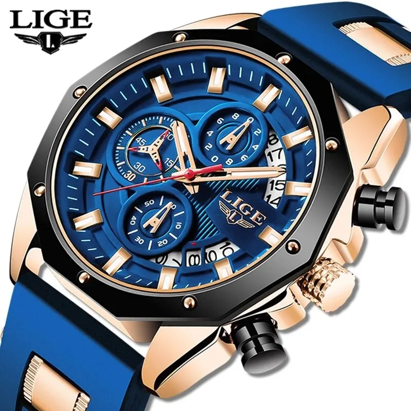 Lige mode herren uhren top marke luxus silikon sport uhr herren quarz datum uhr wasserdicht armbanduhr chronograph uhr mann Image