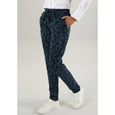 Schlupfhose ANISTON SELECTED, Damen, Gr. 42, N-Gr, bunt (dunkelblau, petrol), Jersey, Sweatware, Obermaterial: 67% Polyester, 29% Viskose, 4% Elasthan, Jacquardmuster, modisch, figurumspielend knöchellang, Hosen, mit praktischen Eingrifftaschen Image