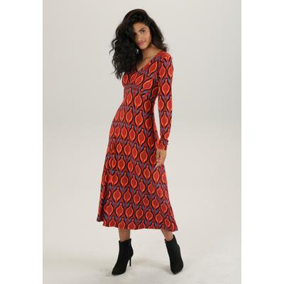 Midikleid ANISTON SELECTED, Damen, Gr. 48, N-Gr, rot (dunkelrot, schwarz, blau, rot), Single Jersey, Obermaterial: 95% Viskose, 5% Elasthan, bedruckt, gemustert, modisch, figurumspielend Midi, V-Ausschnitt, Langarm, Kleider, mit Smok-Einsätzen und... Image