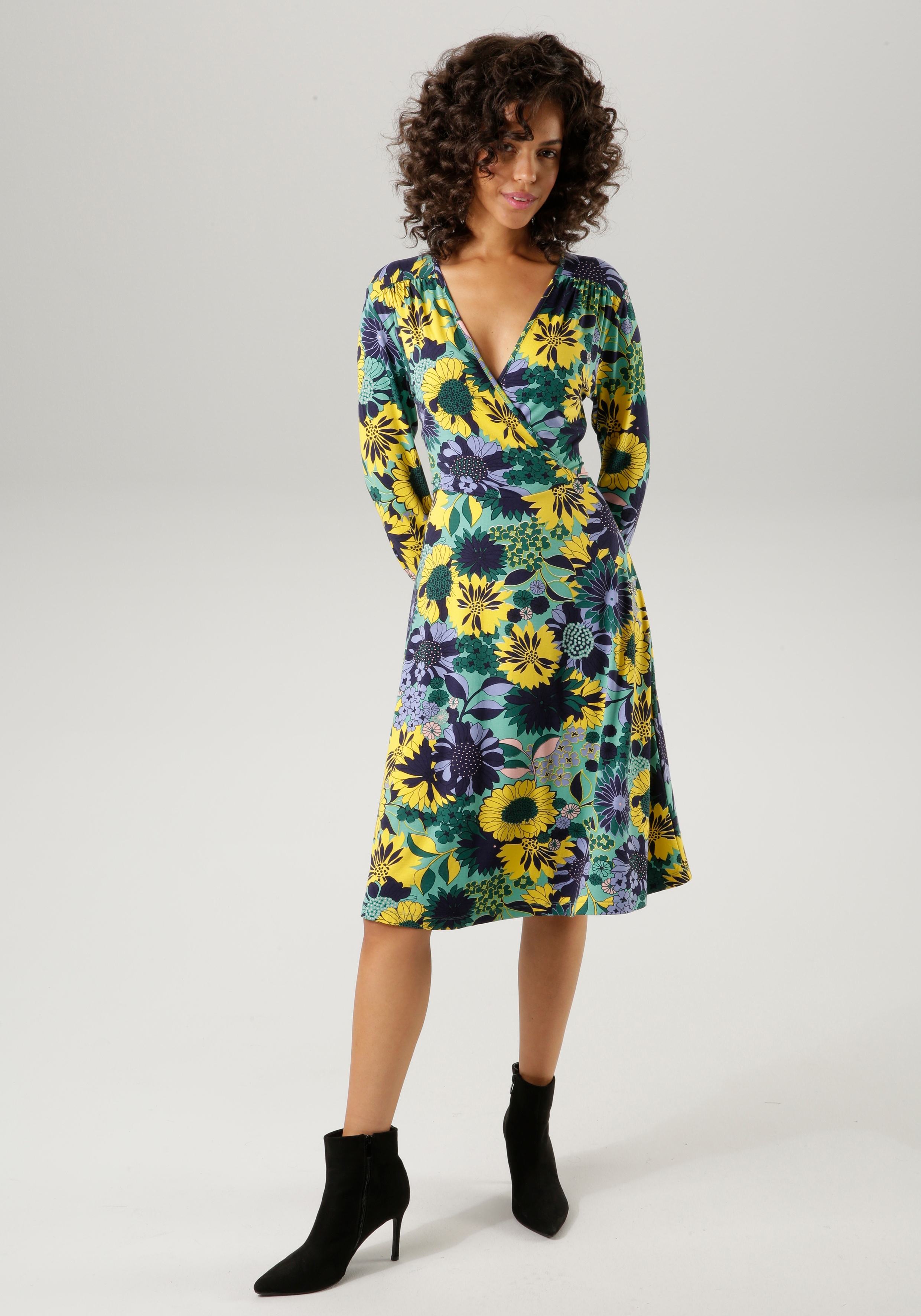 Jerseykleid ANISTON CASUAL, Damen, Gr. 46, N-Gr, bunt (salbei, gelb, dunkelgrün, nachtblau, flieder, rosa, moosgrün), Single Jersey, Obermaterial: 95% Viskose, 5% Elasthan, bedruckt, geblümt, figurumspielend knieumspielend, V-Ausschnitt, Kleider...