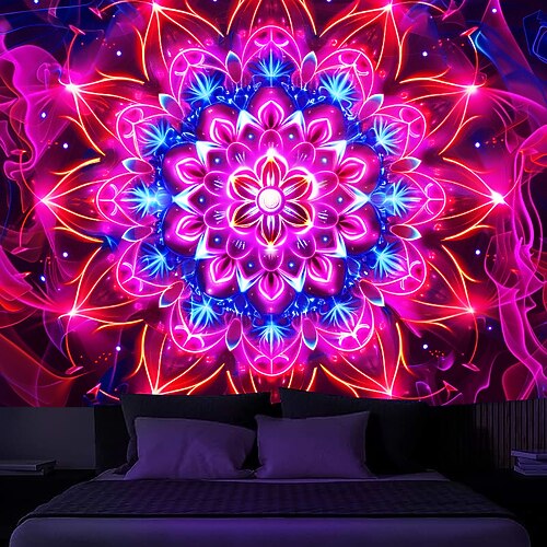 Mandala Boho Schwarzlicht Wandteppich UV reaktiv im Dunkeln leuchtend Party Trippy Zen Meditation Nebel Natur Wandbehang Wandteppich Wandbild für Wohnzimmer Schlafzimmer Image
