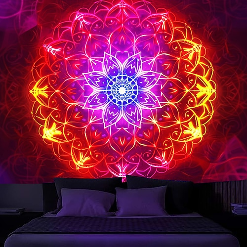Mandala Boho Schwarzlicht Wandteppich UV reaktiv im Dunkeln leuchtend Party Trippy Zen Meditation Nebel Natur Wandbehang Wandteppich Wandbild für Wohnzimmer Schlafzimmer Image