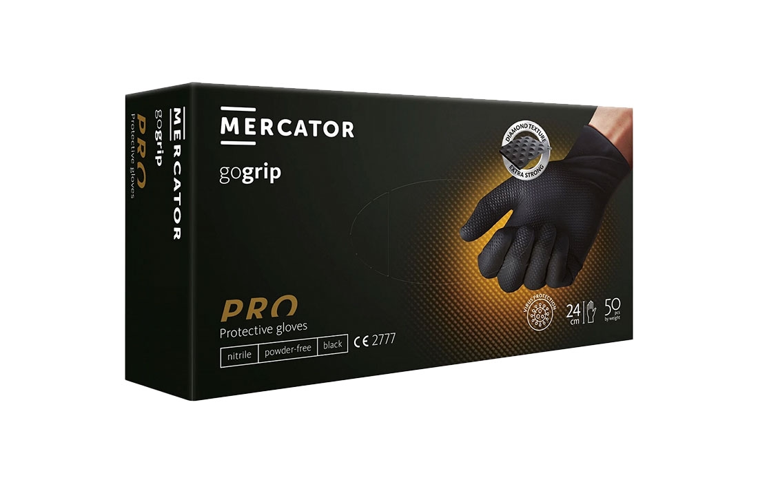 MERCATOR MEDICAL GoGRIP+ Nitrilhandschuhe, puderfrei, latexfrei, Diamanttextur in schwarz 1x 50 Stück Größe:XXL Image