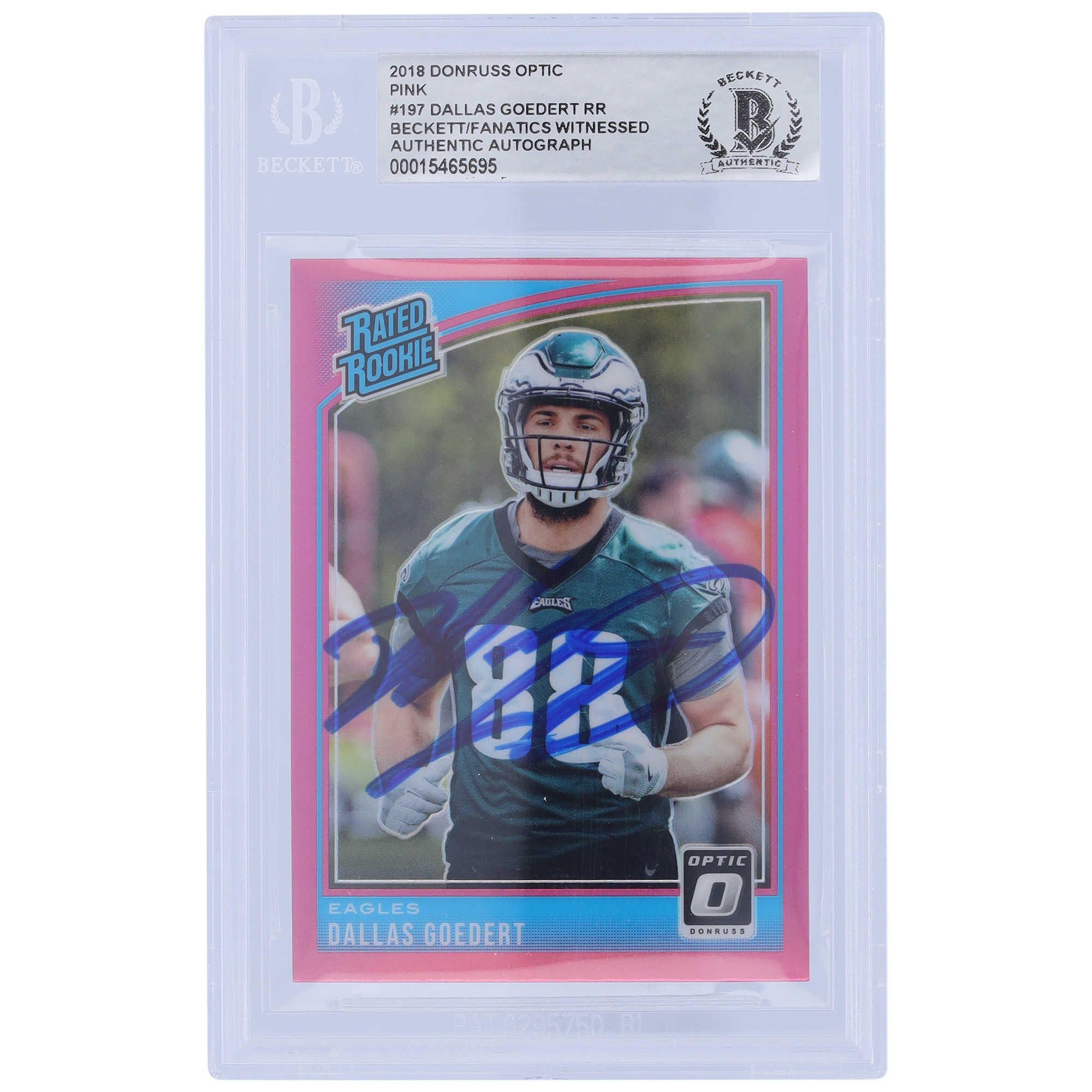 Dallas Goedert Philadelphia Eagles signierte 2018 Panini Donruss Optic Pink Rated Rookie #197 Beckett Fanatics bezeugte authentifizierte Rookie-Karte Image